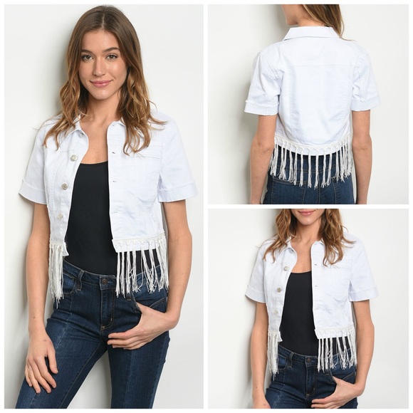 NEW! Short Sleeved White Denim Jacket with Fringe - Picture 4 of 7